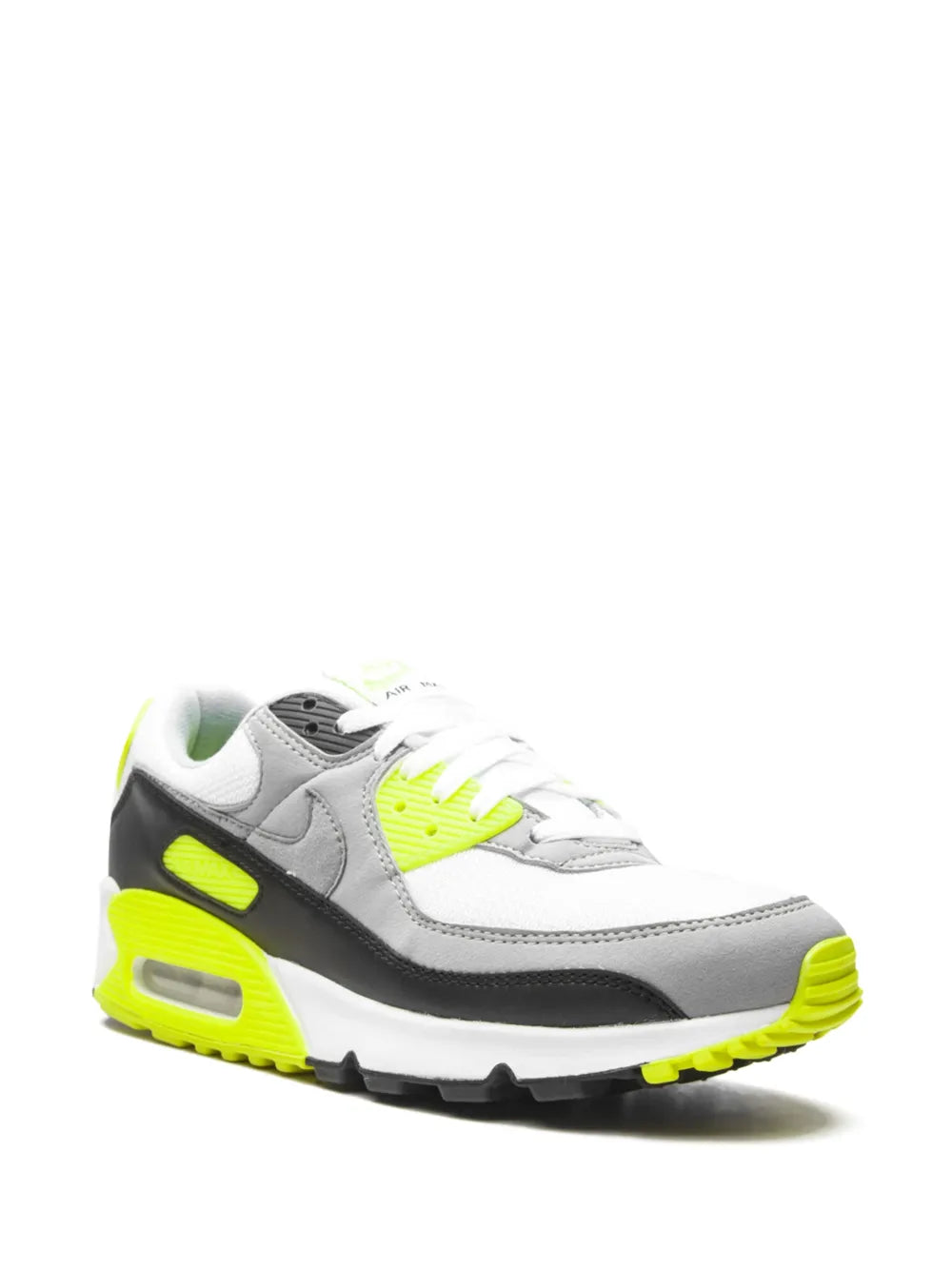 Nike Air Max 90 sneakers, side view, white upper with neon yellow and black details
