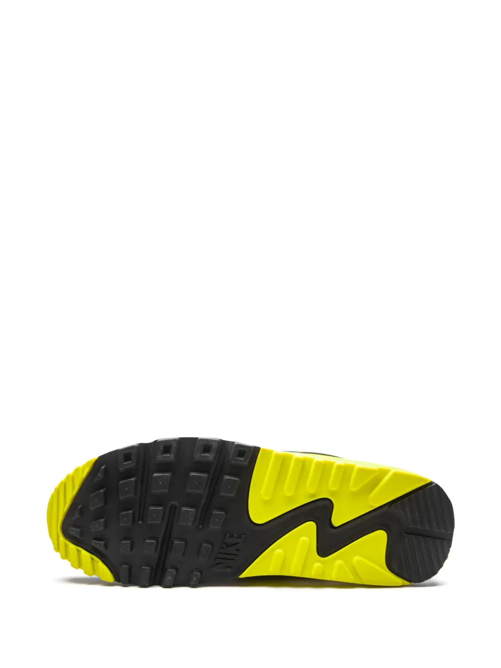 Nike Air Max 90 outsole view with neon yellow heel and black tread pattern