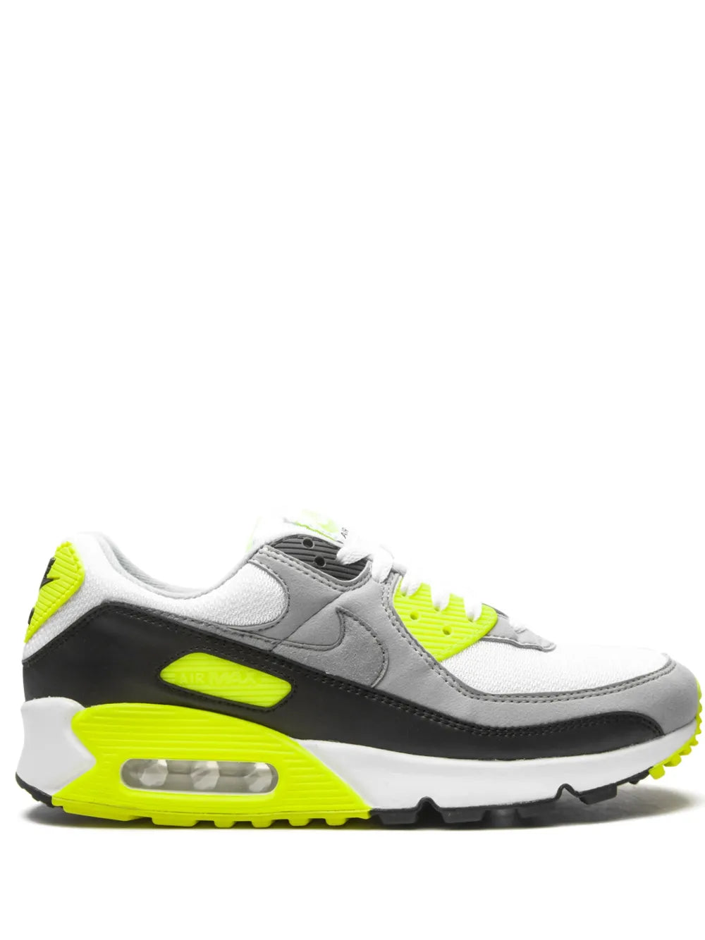 Nike Air Max 90 sneakers in white, gray, black with neon yellow accents
