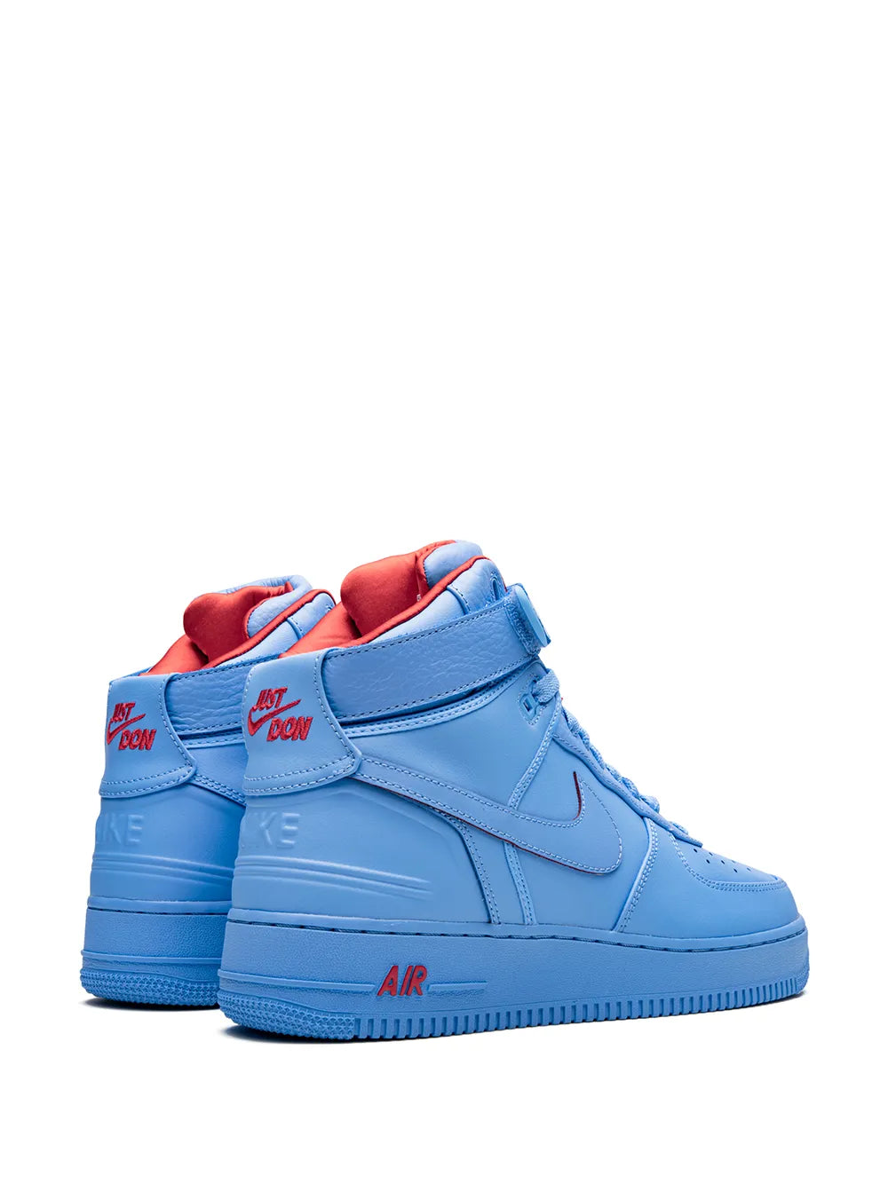 Nike blue high-top sneaker pair with red interior lining, heel view