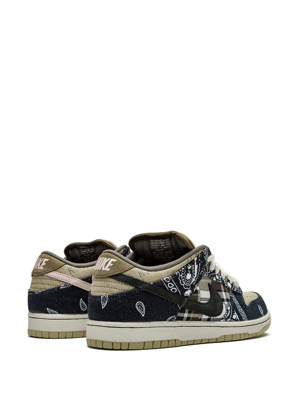 Nike SB Dunk Low QS sneakers pair, side view with Nike swoosh and bandana print