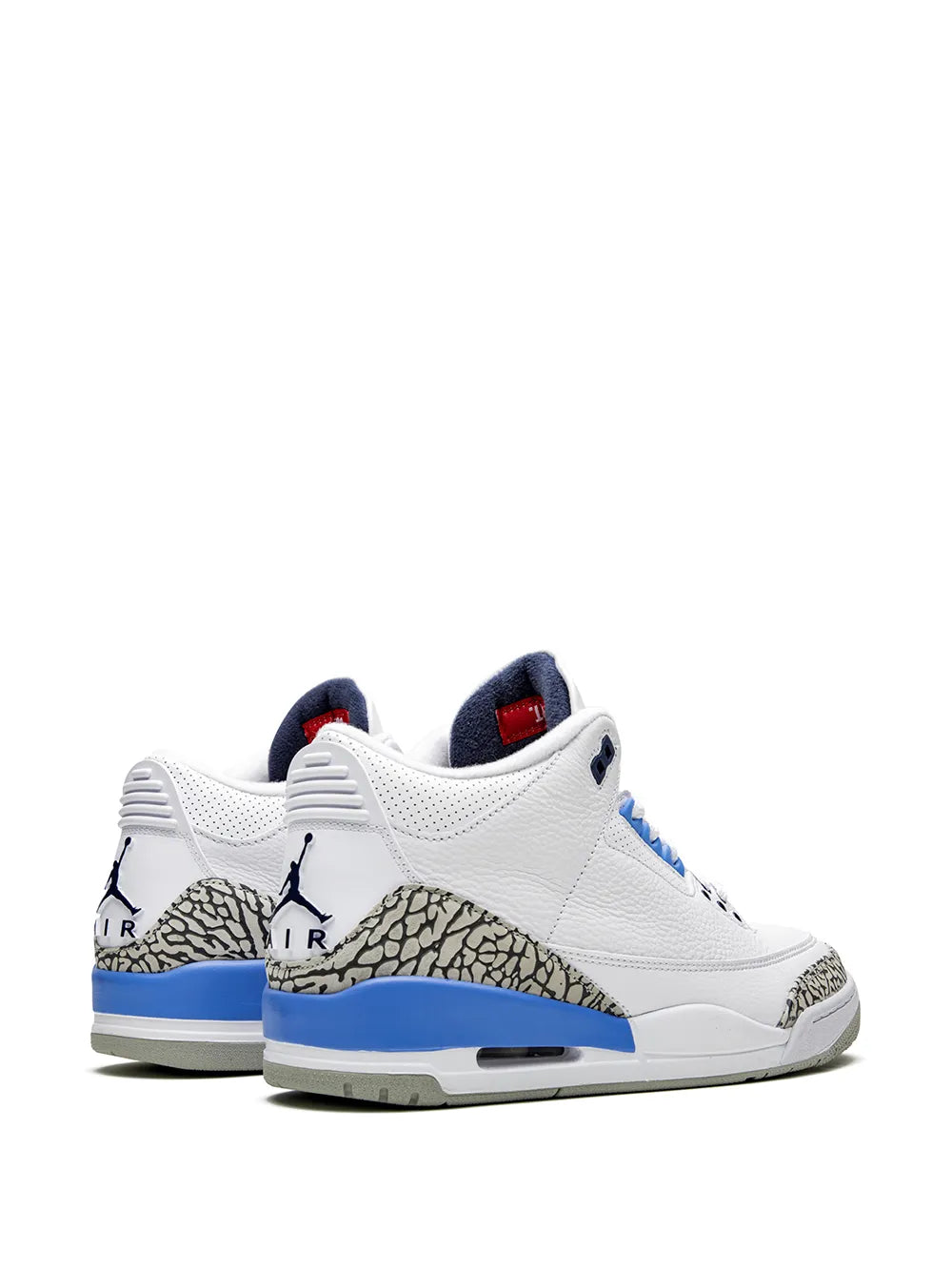 White leather sneakers with blue details and elephant-print midsole, rear Jordan Air tags