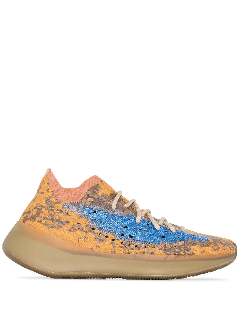 adidas Yeezy Boost 380 sneakers, orange and blue knit upper with beige sole