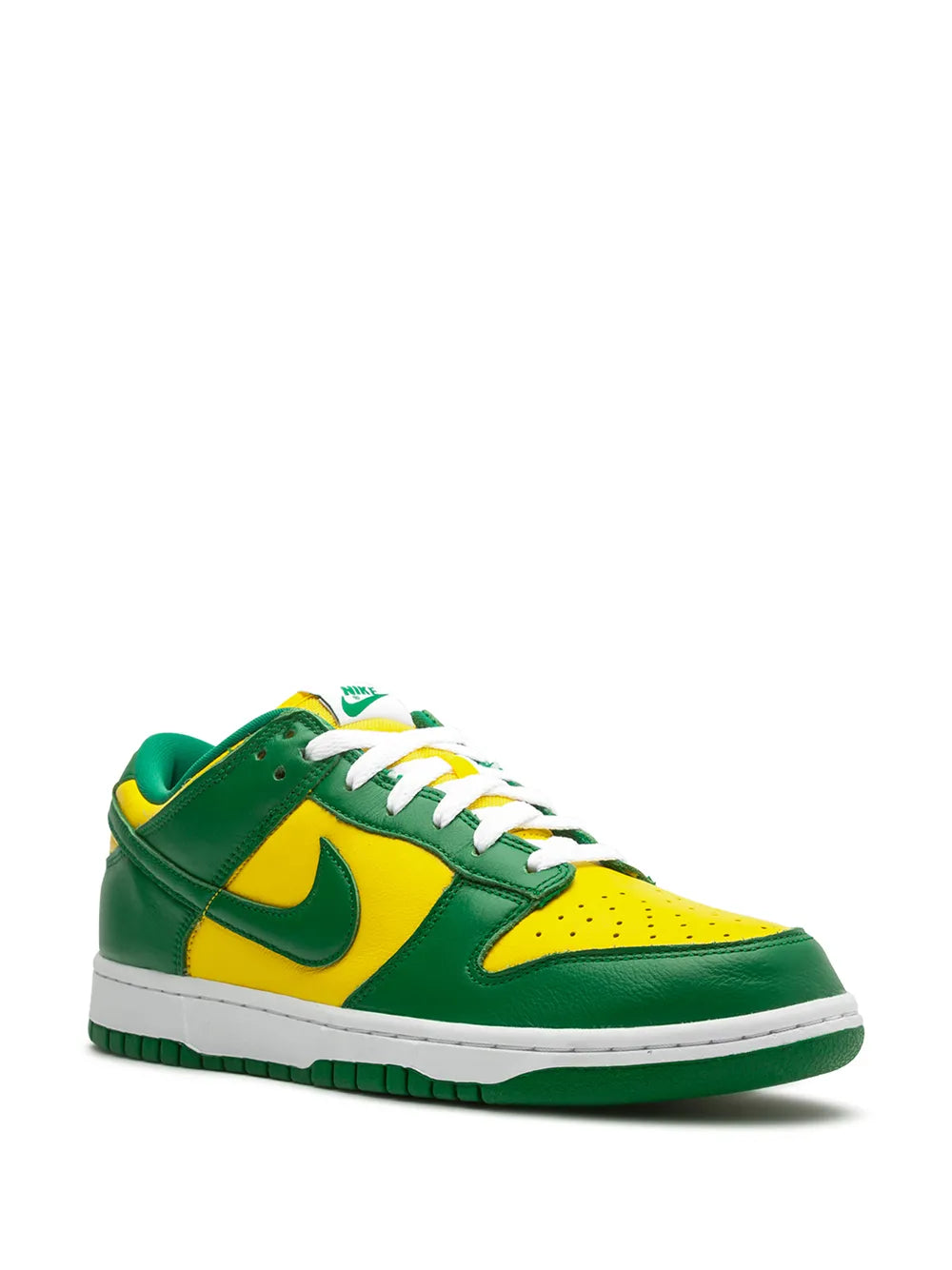 Nike Dunk Low sneakers, green leather with yellow accents, white laces, side Swoosh detail.