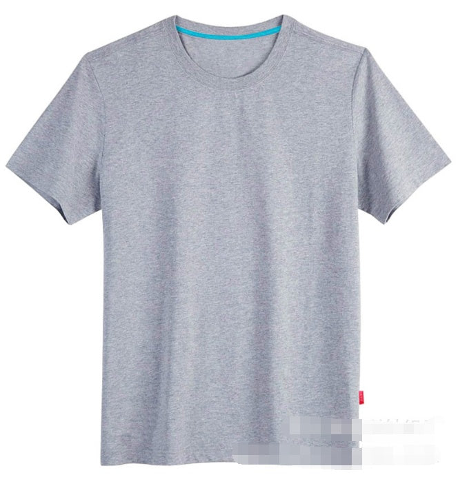 Men's crew-neck heather gray T-shirt with teal collar trim