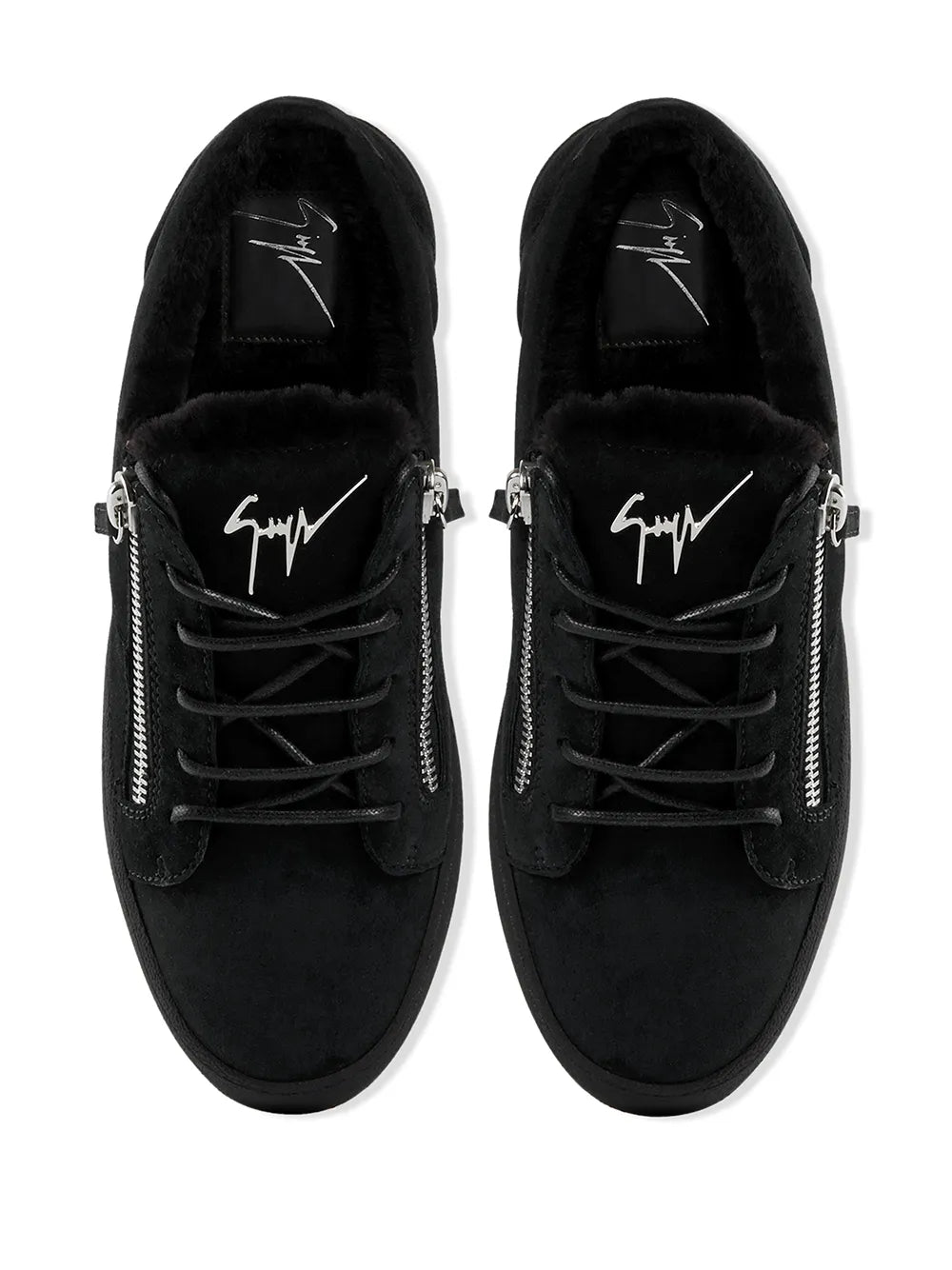Black lace-up sneakers with side zip and signature logo on inner panel