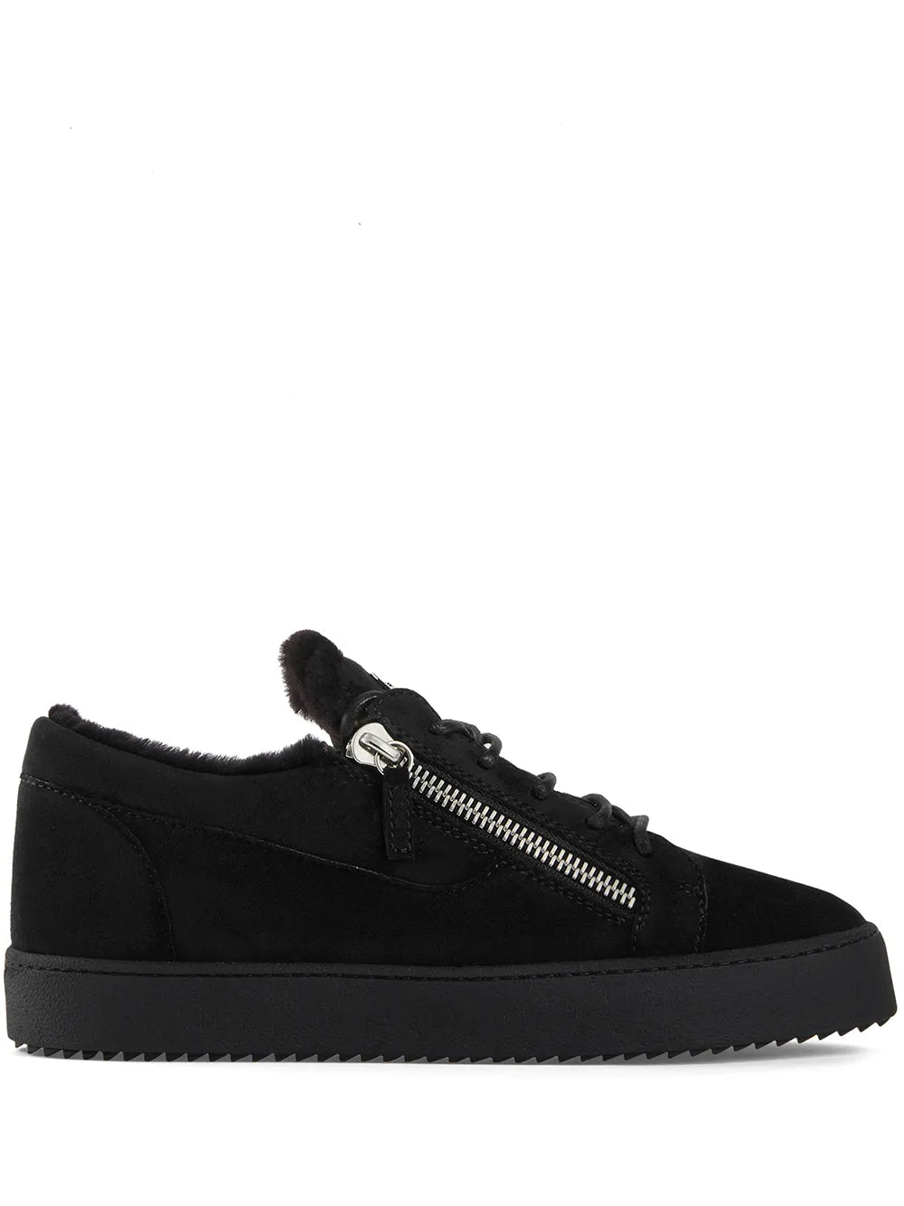 Black low-top sneakers with side zipper and faux-fur collar