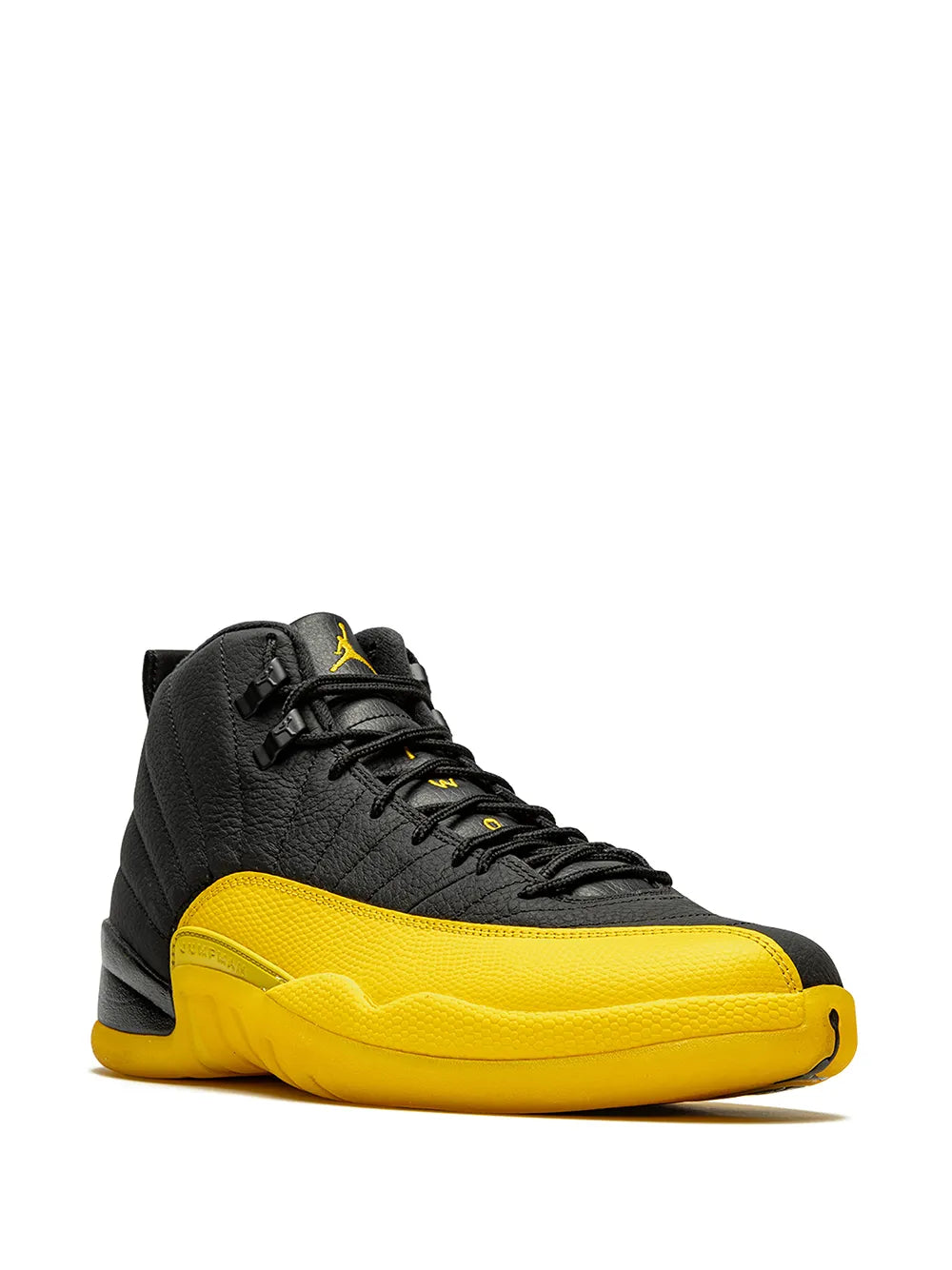 Air Jordan 12 Retro sneaker, black upper with yellow midsole, lace-up and side panel