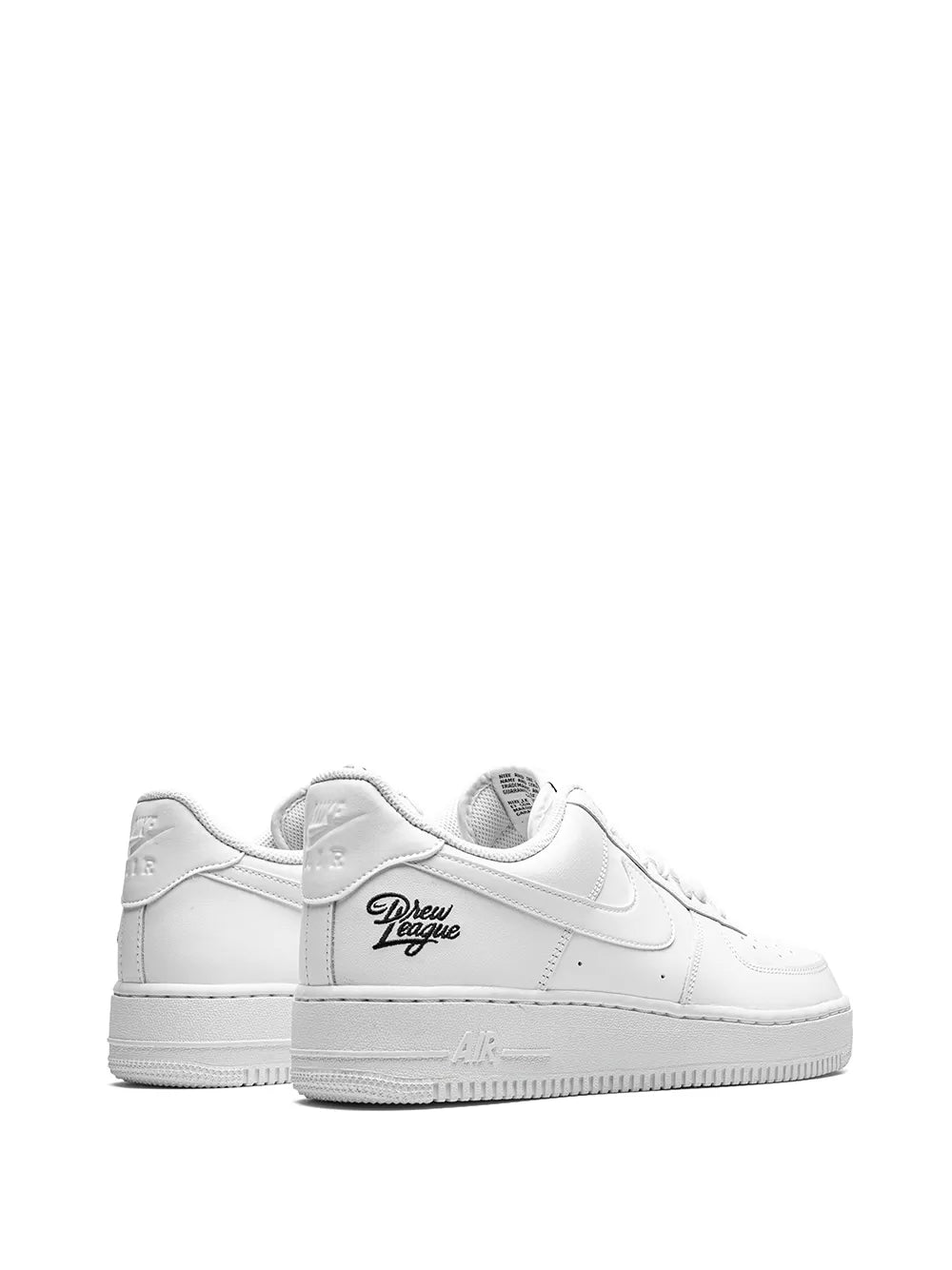 White Air Force 1 Low sneakers showing heel tab with Drew League graphic