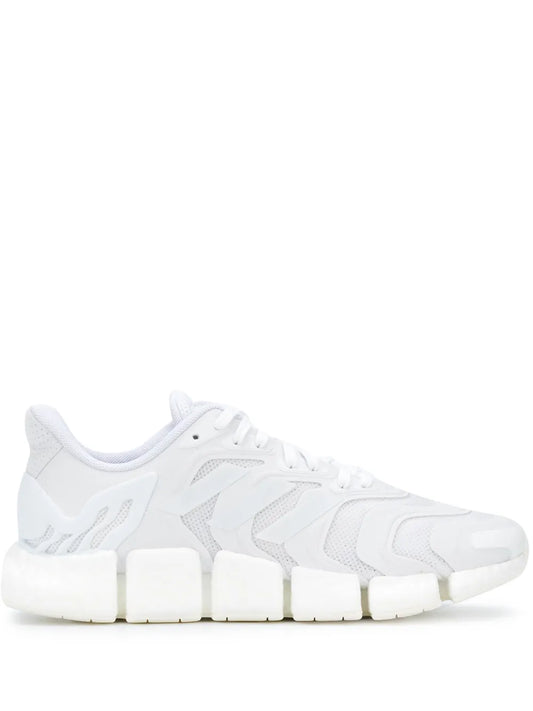 White lace-up running sneakers with ventilated mesh panels and segmented Boost midsole