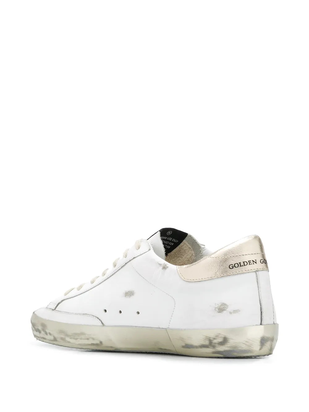 White leather low-top sneaker with heel lettering and lace-up front, rear 3/4 view