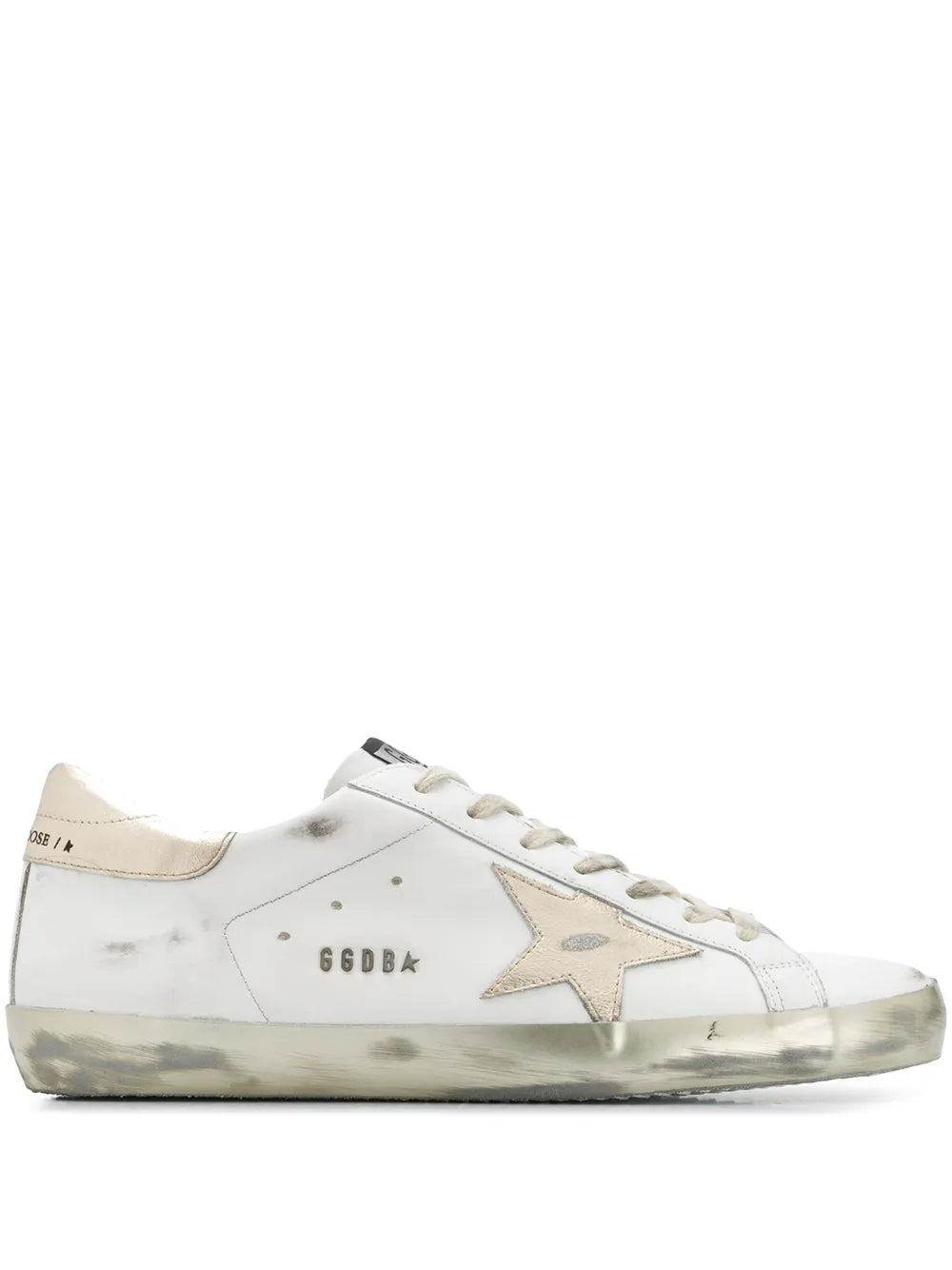 White leather low-top sneaker with gold star panel and lace-up front, side view