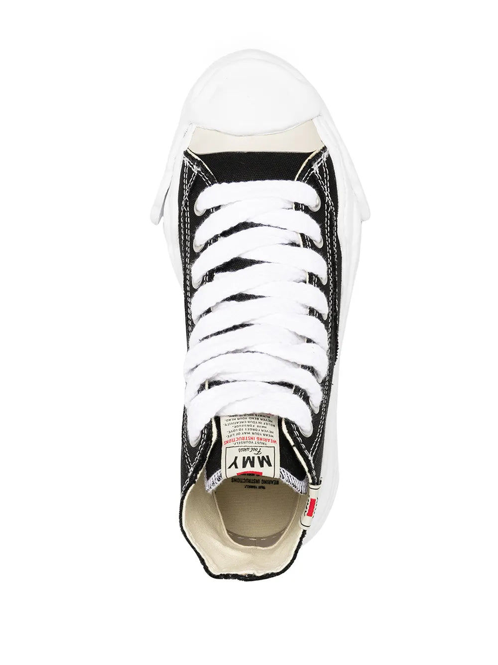 Black hi-top sneaker with white laces, tongue label, and beige interior lining