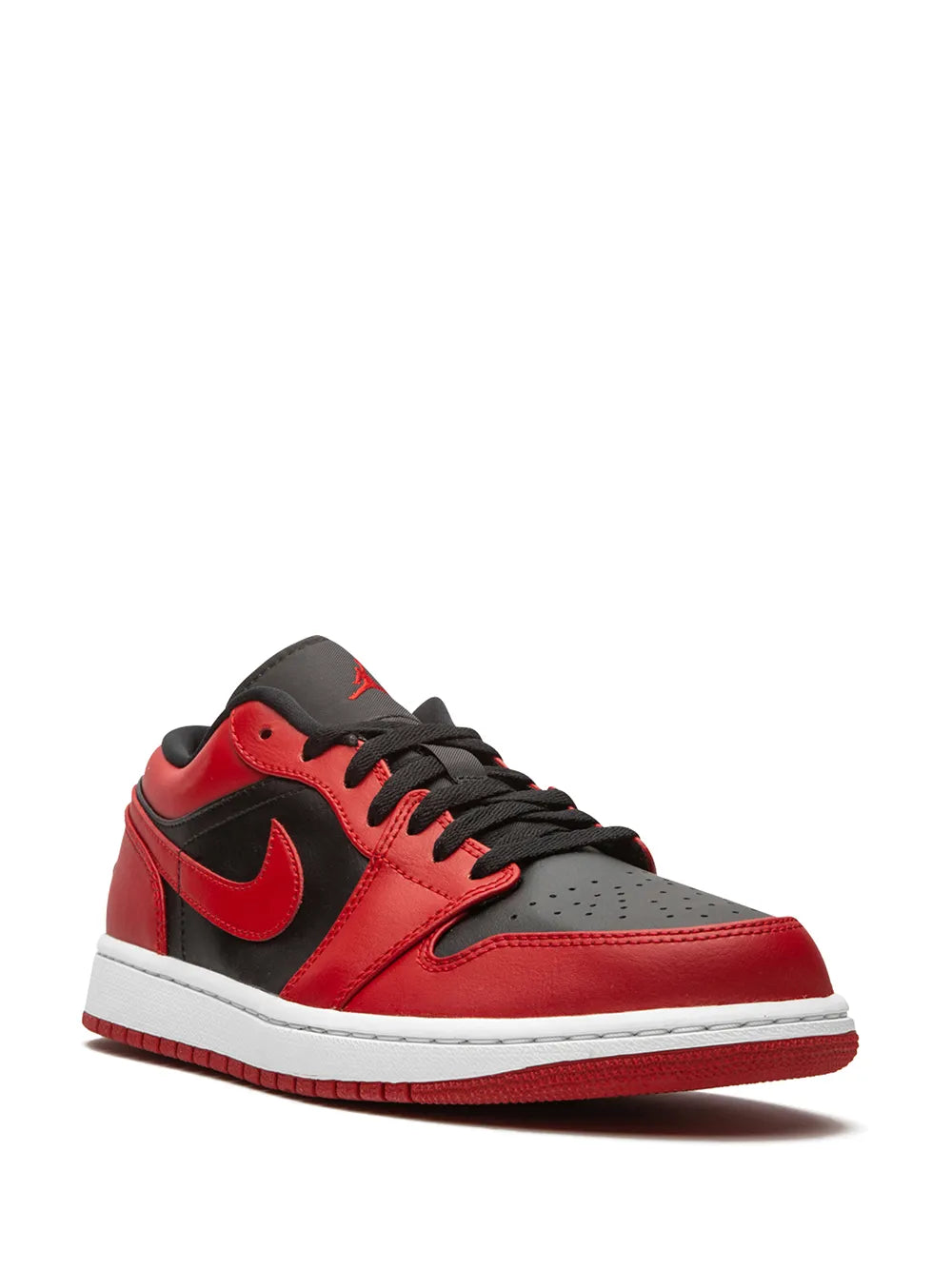 Red and black low-top sneakers with black Swoosh and white midsole