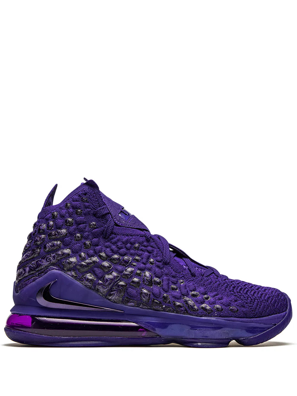 Nike LeBron 17 purple high-top basketball shoe with knit upper and Swoosh, lace-up