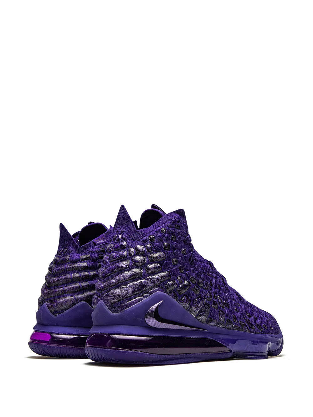 Nike LeBron 17 purple high-top basketball shoes, heel and side view with Swoosh and laces