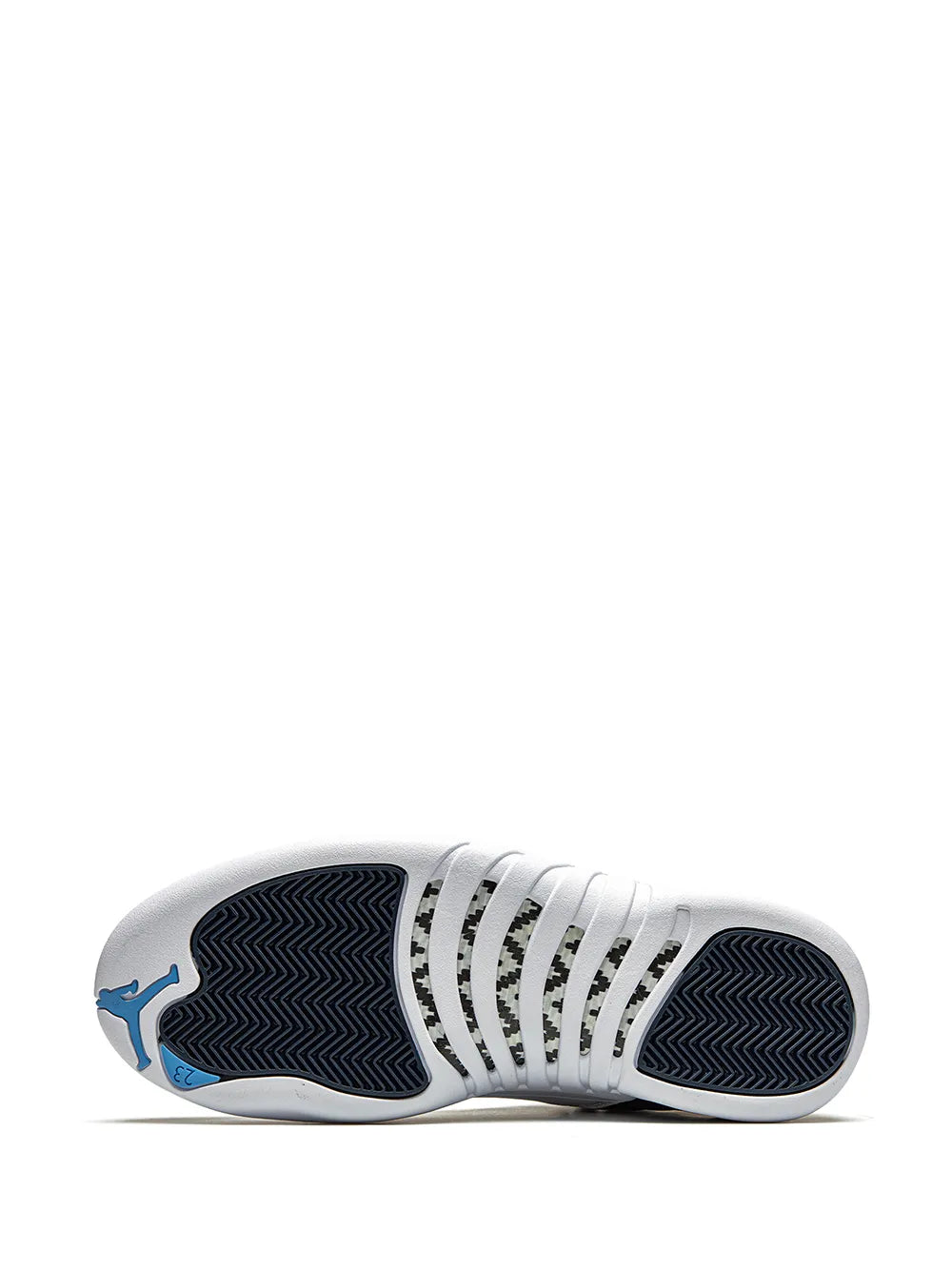 Blue and white sneaker outsole with herringbone tread and striped sidewall