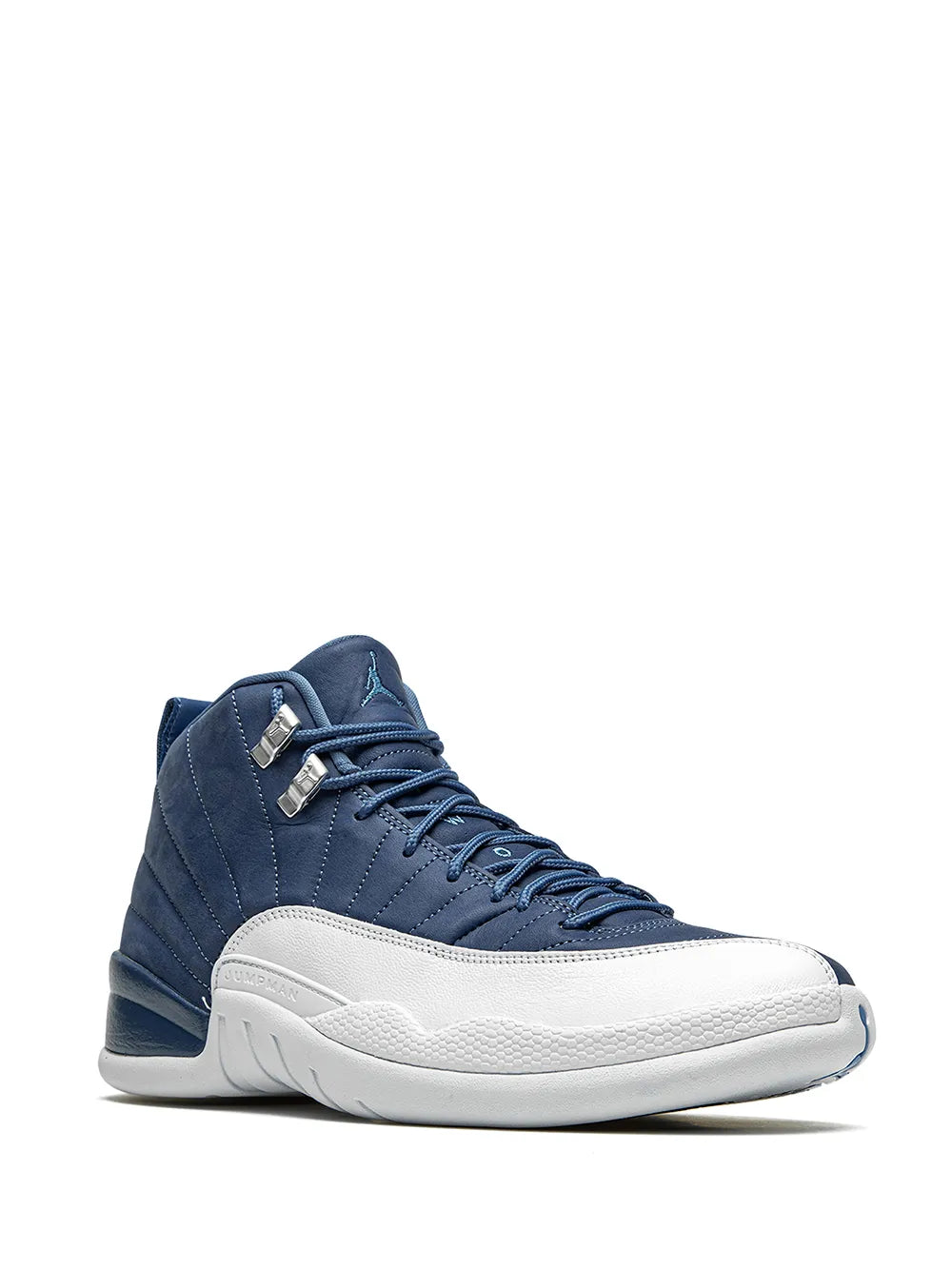Blue high-top lace-up sneakers with white midsole and side wing panel