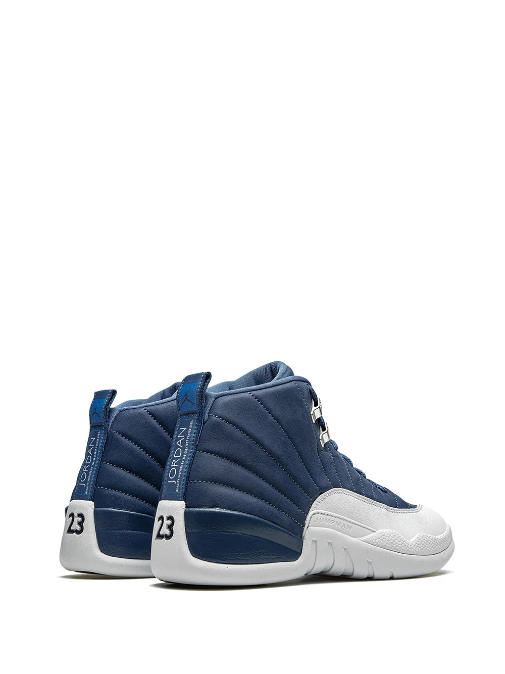 Blue high-top sneakers, pair view, white soles and heel tab with 23 detail