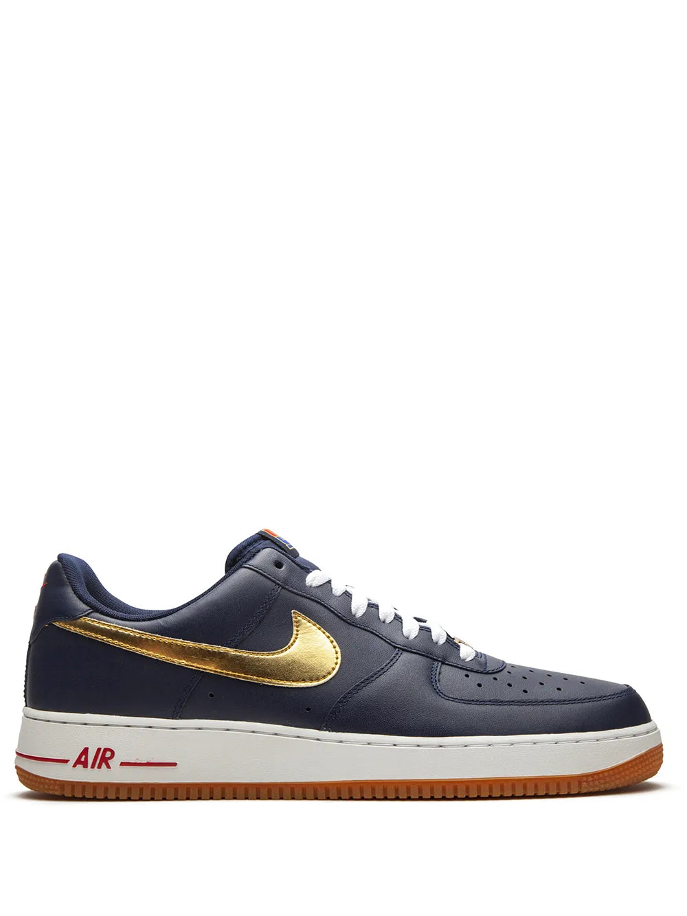 Nike Air Force 1 low-top sneakers, navy leather with gold swoosh and gum sole