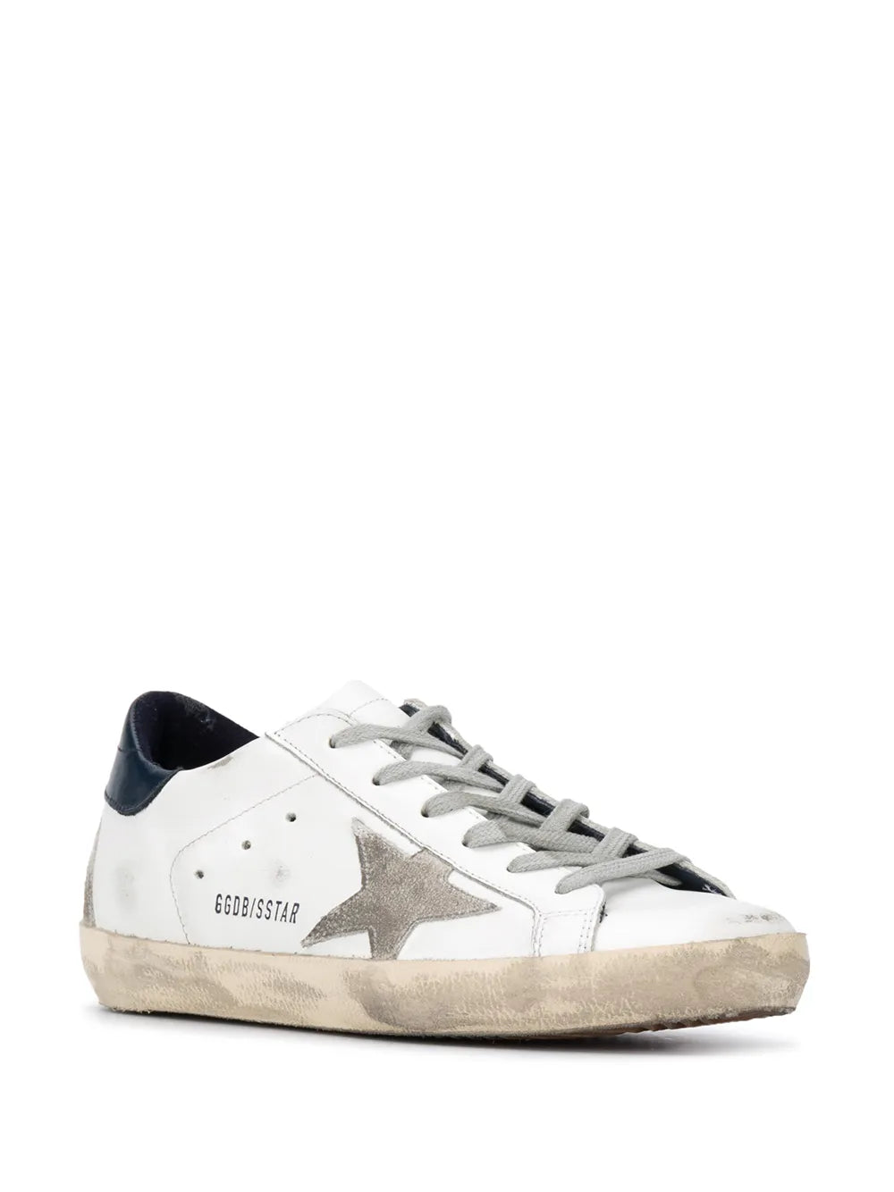 Super-Star sneaker, white leather with gray laces, silver star patch, navy heel collar