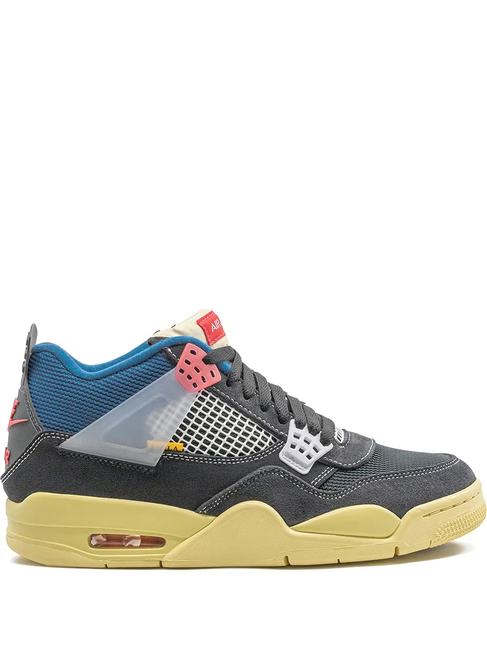 Men's Air Jordan 4 Retro sneaker with blue knit, gray suede, yellow midsole