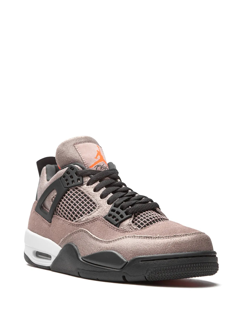 Air Jordan 4 Retro taupe suede sneakers with black laces, mesh overlays, orange lining