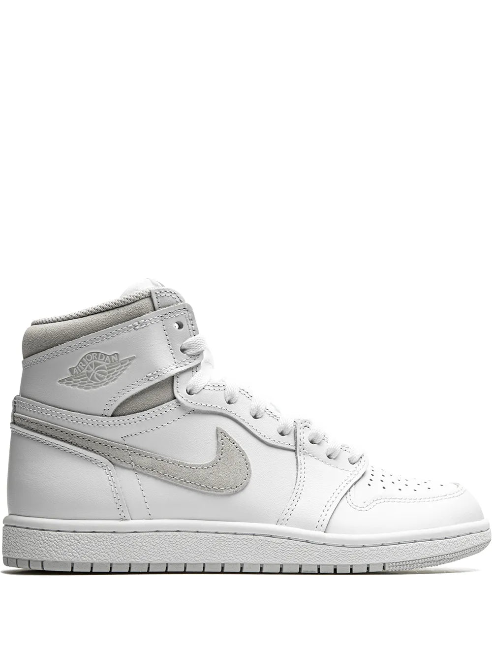 Air Jordan 1 Retro high-top sneakers in neutral grey and white, front view with laces