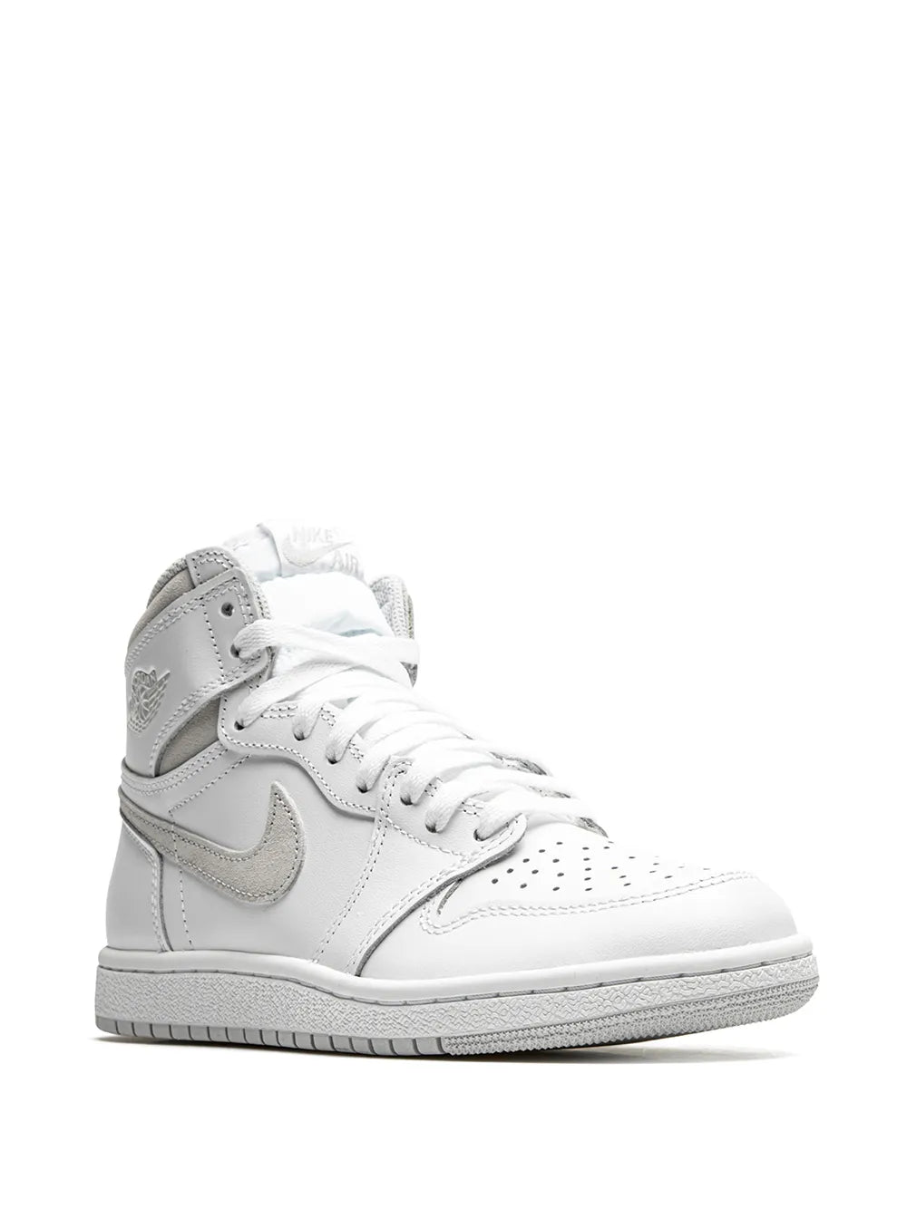 High-top Air Jordan sneakers in white with grey collar, side view with lace-up