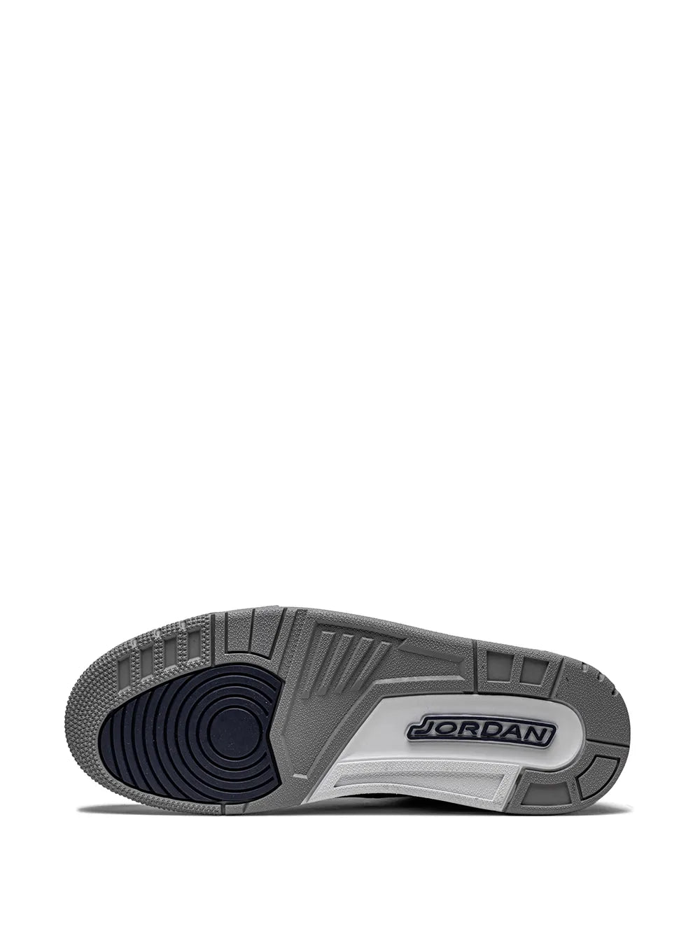 Outsole of navy and grey mid-top sneakers with JORDAN logo and traction