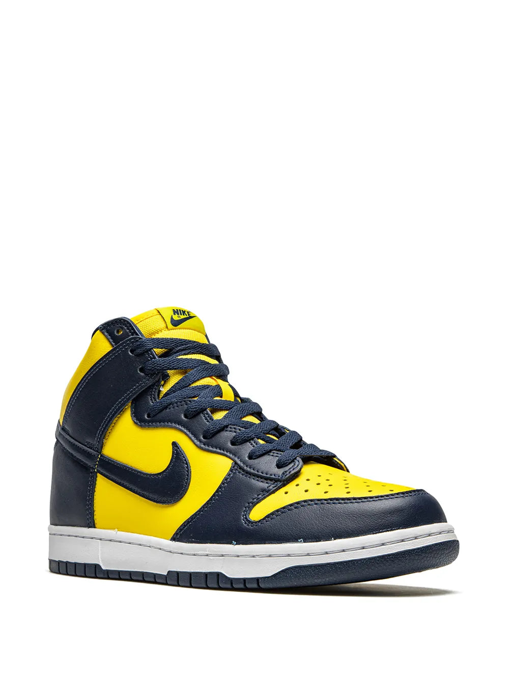 Nike Dunk high-top sneakers, yellow toe and panels, dark navy Swoosh, lace-up.