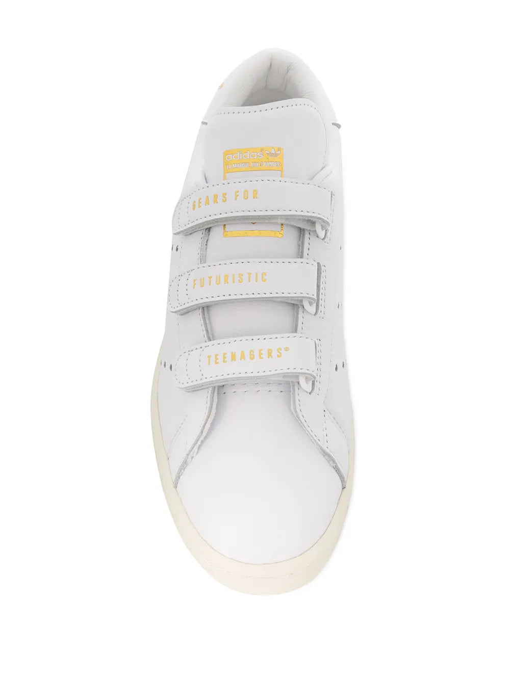 adidas Human Made low-top sneakers, white with layered Velcro straps and printed tongue text