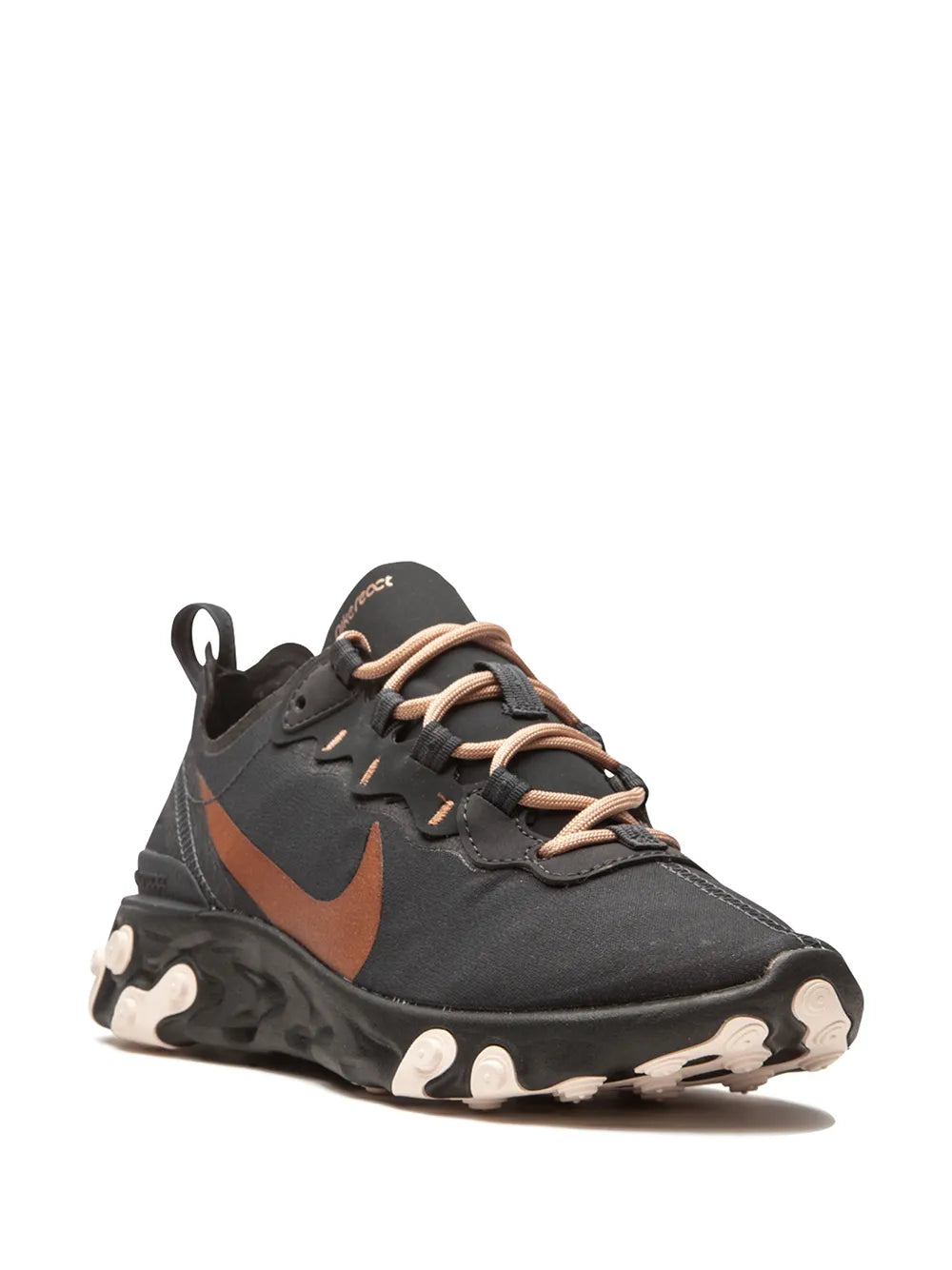 Nike React Element 55 sneakers, dark grey knit upper with orange swoosh and tan laces