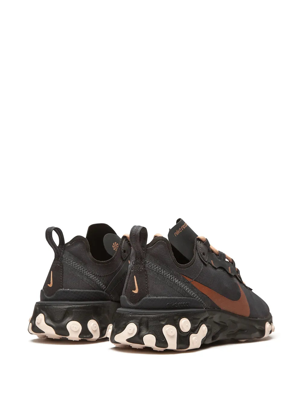 Nike React Element 55 sneakers with dark grey upper, orange accents, rear heel pods