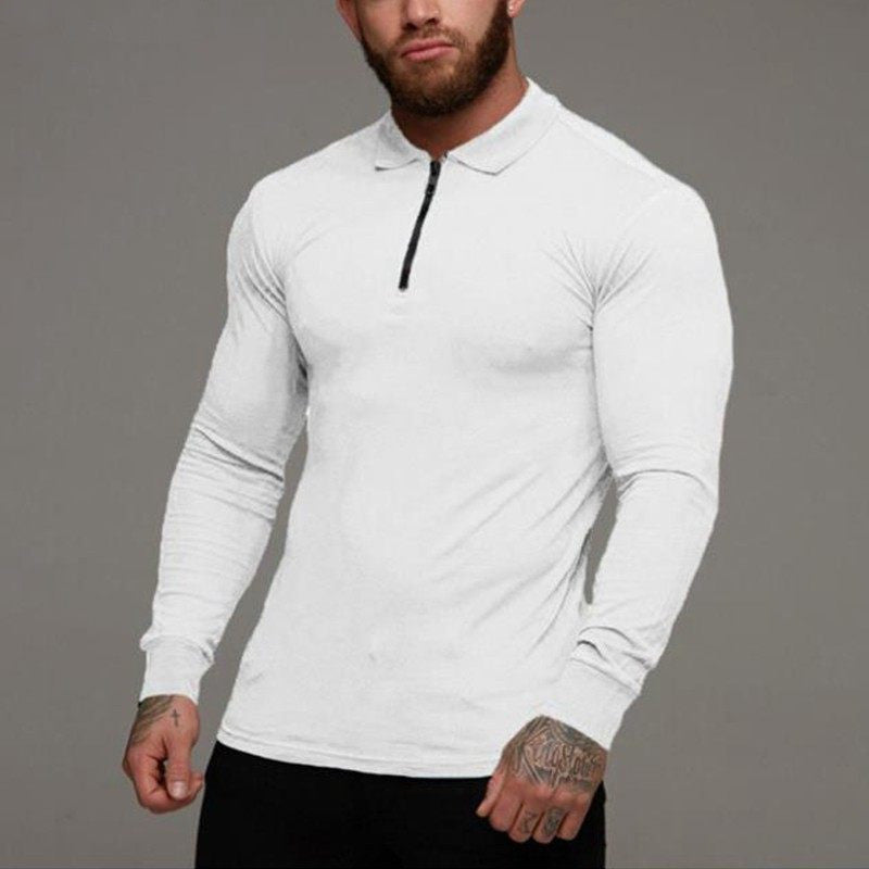 White long-sleeve polo shirt with half-zip placket