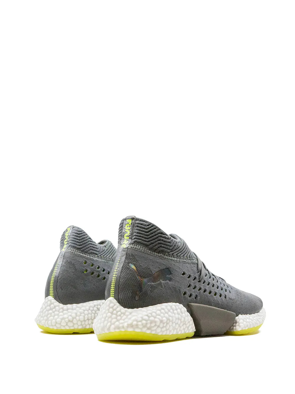 Grey knit lace-up sneakers with perforated panels, white midsole and yellow outsole