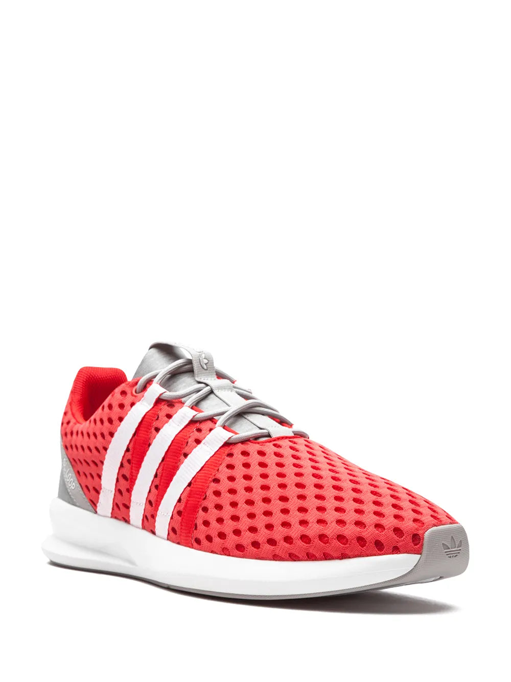 Red knit sneaker side view with white stripes, gray collar, lace-up