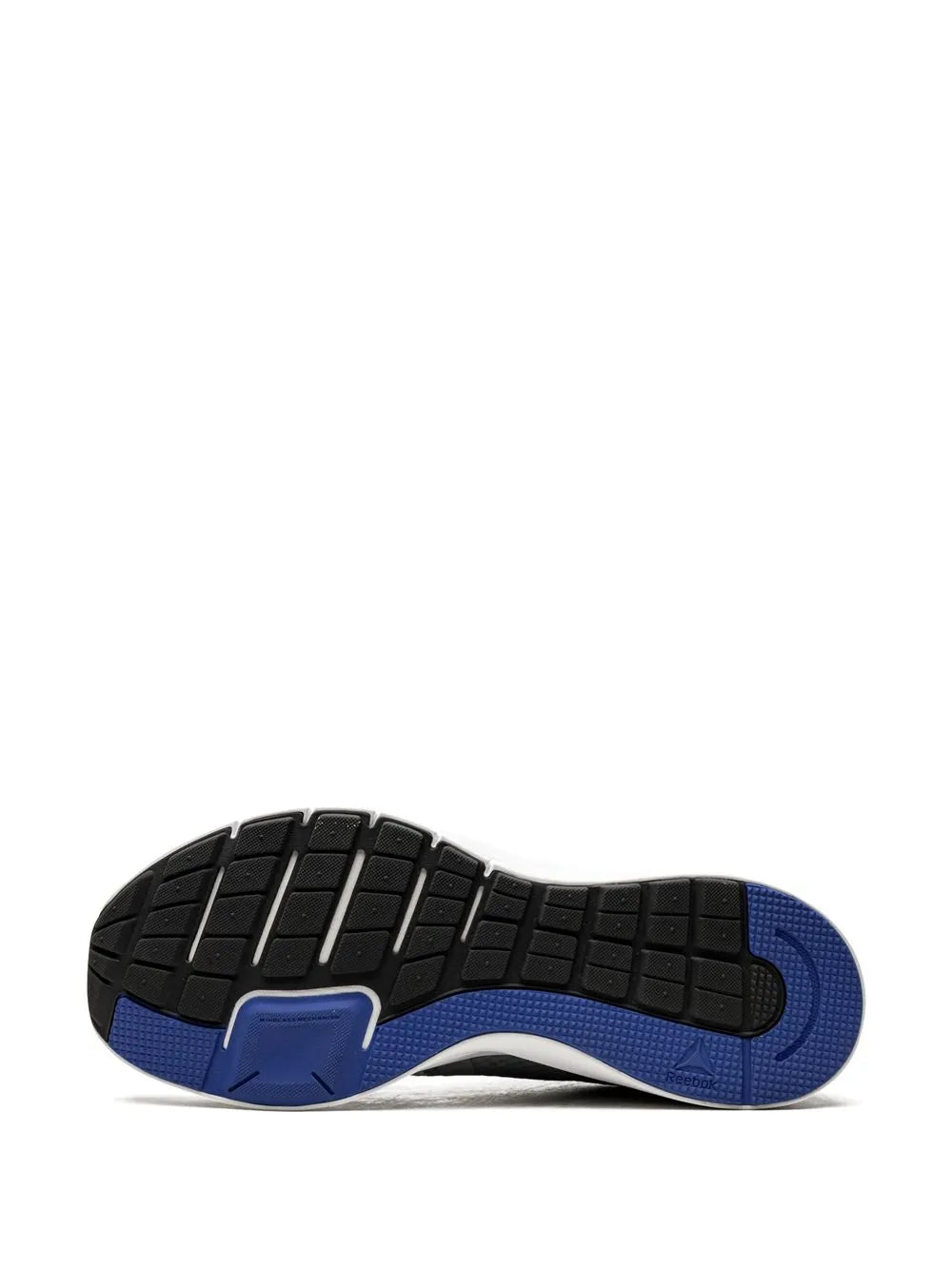 Reebok running shoe outsole with dark tread and blue rubber pods
