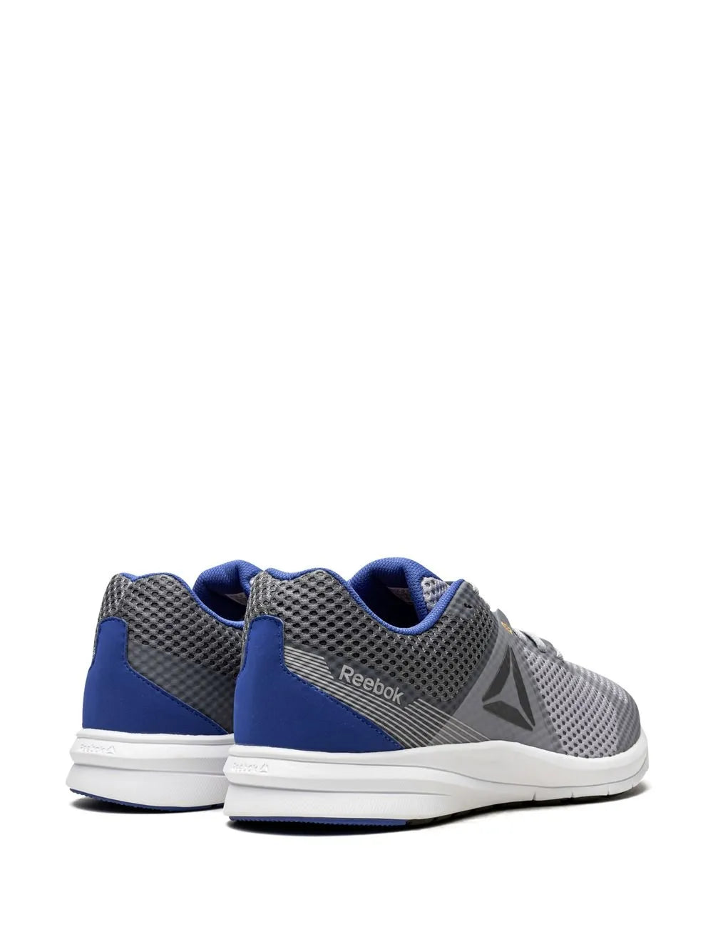 Grey and blue Reebok running shoe rear and heel view with padded collar