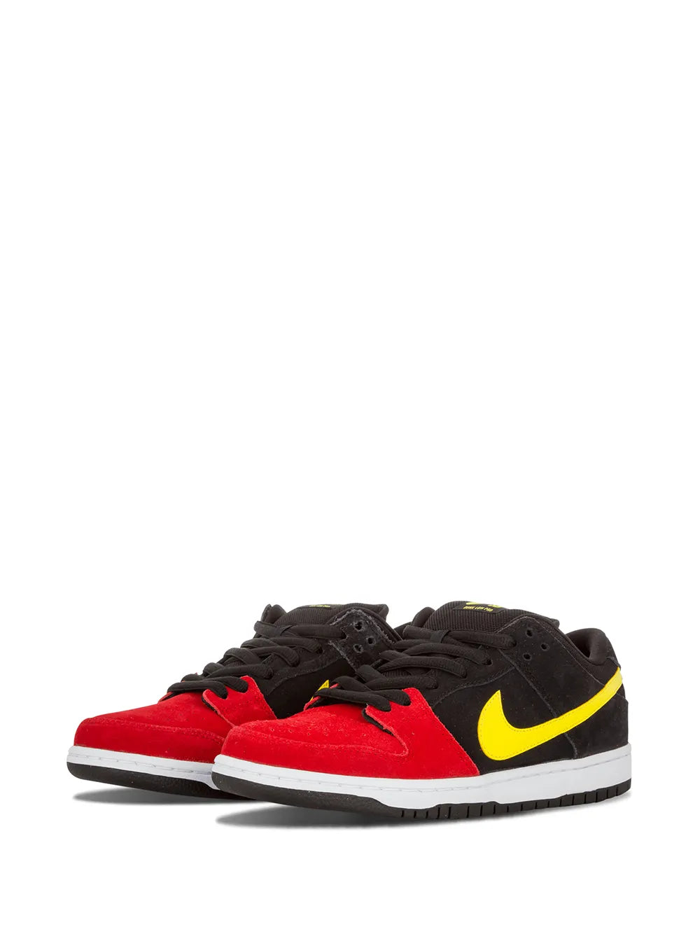 Nike SB Dunk Low Pro low-top sneakers, black and red uppers, yellow swoosh on side