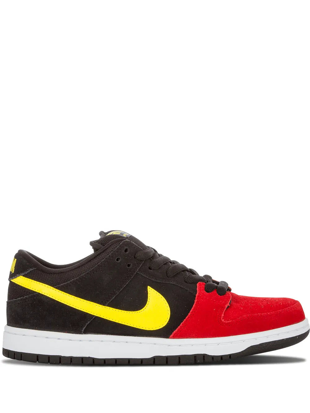 Nike SB Dunk Low Pro low-top sneakers, black suede, yellow swoosh, red toe