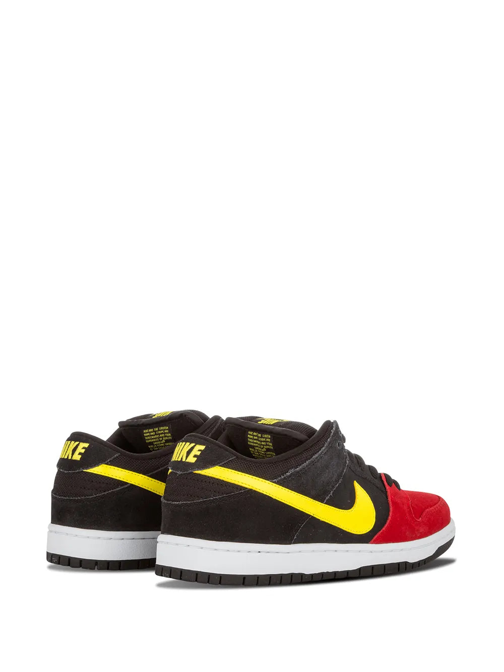 Nike SB Dunk Low Pro low-top sneakers, heel and side view, black with yellow stripe