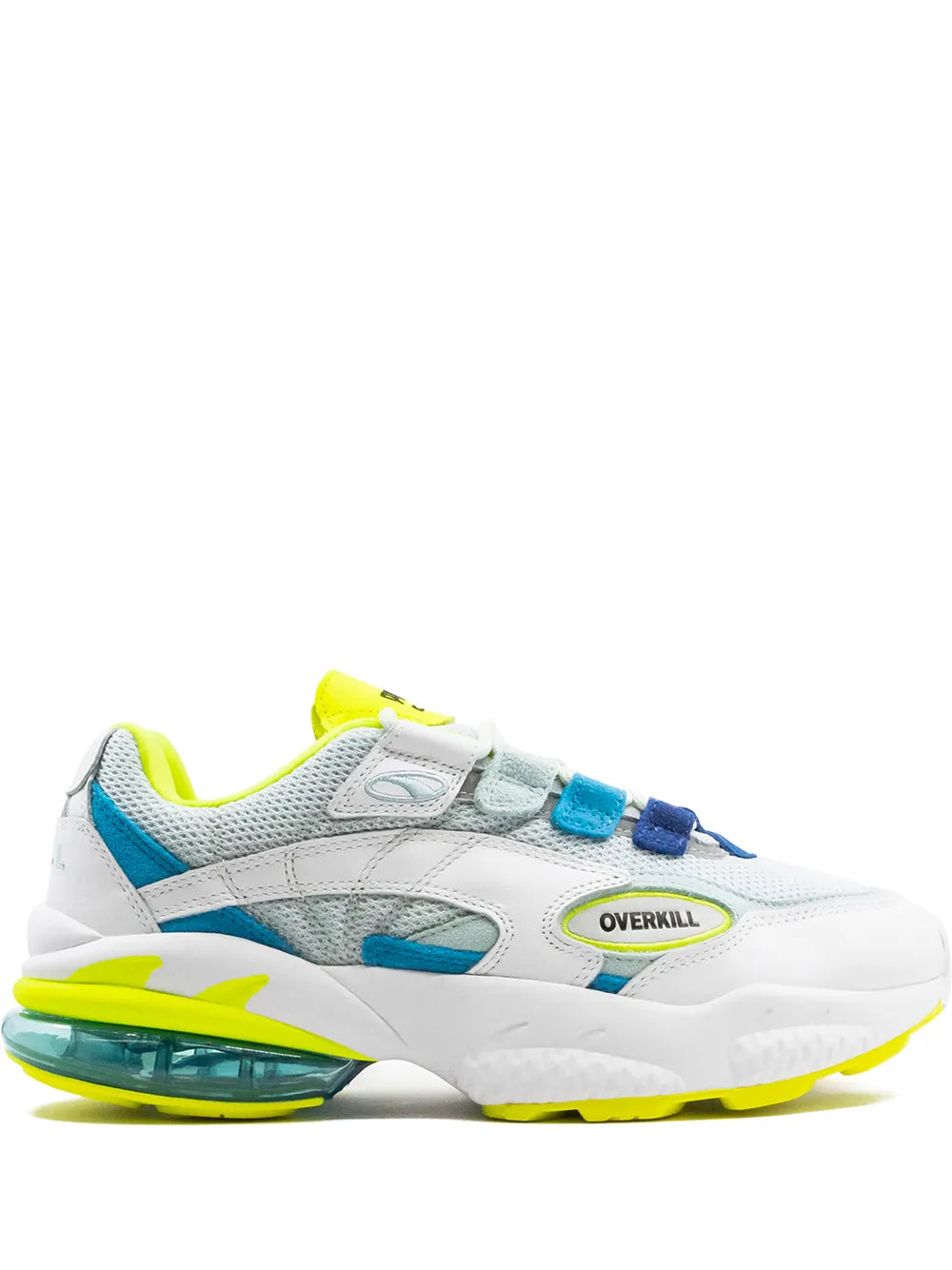 White sneakers with turquoise, blue, and neon yellow accents