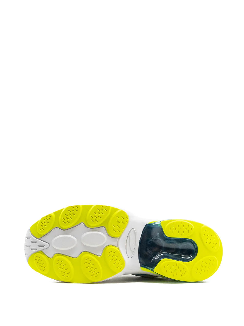 Rubber outsole with neon yellow tread and dark heel insert