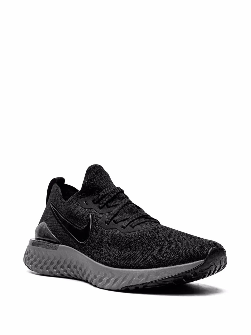 Black knit sneaker with swoosh on side and textured gray rubber outsole