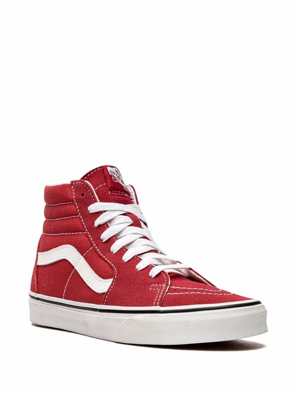Red high-top sneaker, white laces and contrast white side stripe, rubber toe cap.