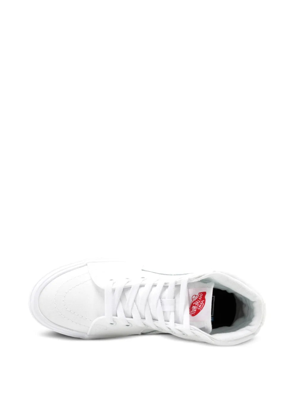 White lace-up high-top skate sneakers with open mouth showing black lining