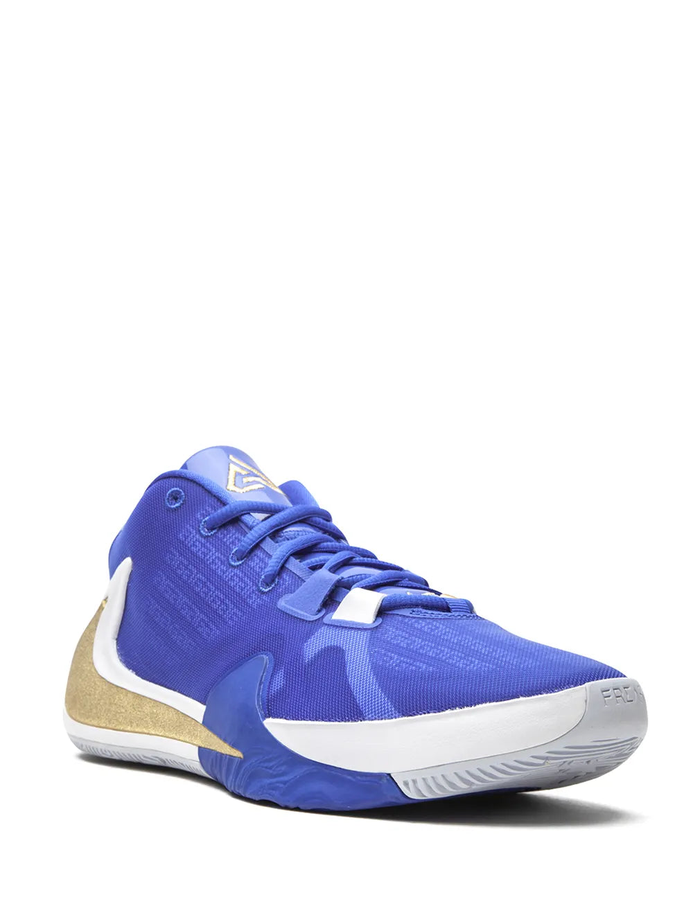 Nike basketball shoe, blue upper with white swoosh, gold side panel, lace-up