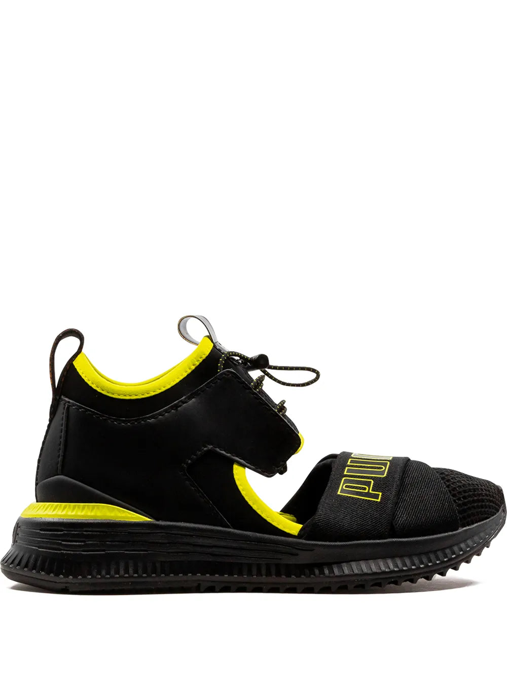Black cut-out low-top sneakers with neon yellow accents, lace-up, chunky sole