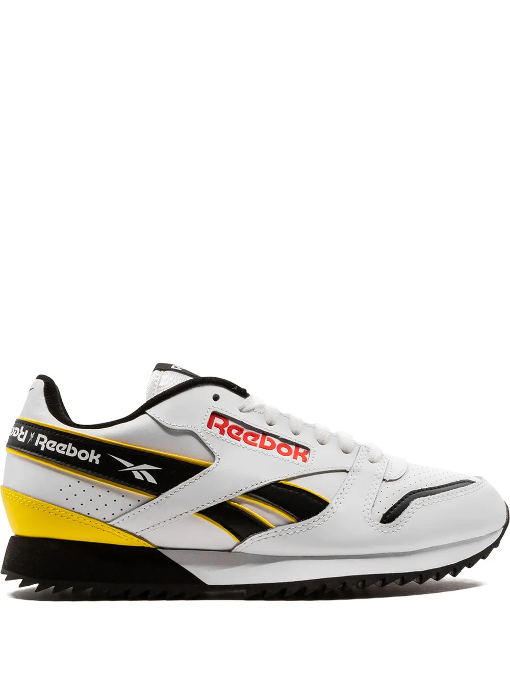 Reebok leather ripple sneaker, white leather with black and yellow accents, side stripes